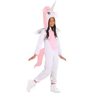 Kids Unicorn Jumpsuit Costume with Attached Horn, Snout, Rib Knit Cuffs, and Holographic Wings(White)