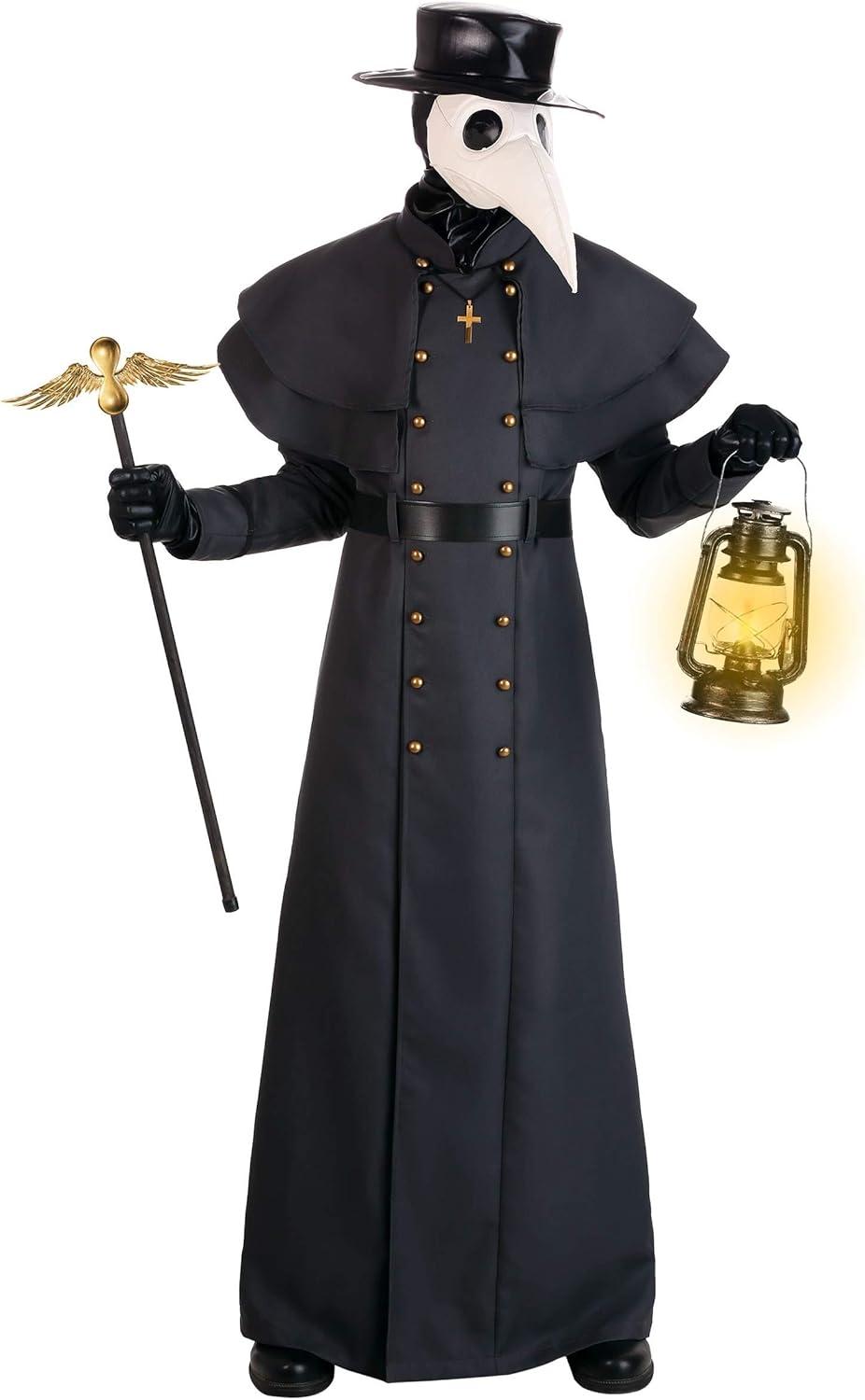image:imageMens Classic Plague Doctor Costume with Mask Hat Gloves amp Cross Necklace Bubonic Plague Halloween Outfit for AdultsPlague Doctor Costume Black