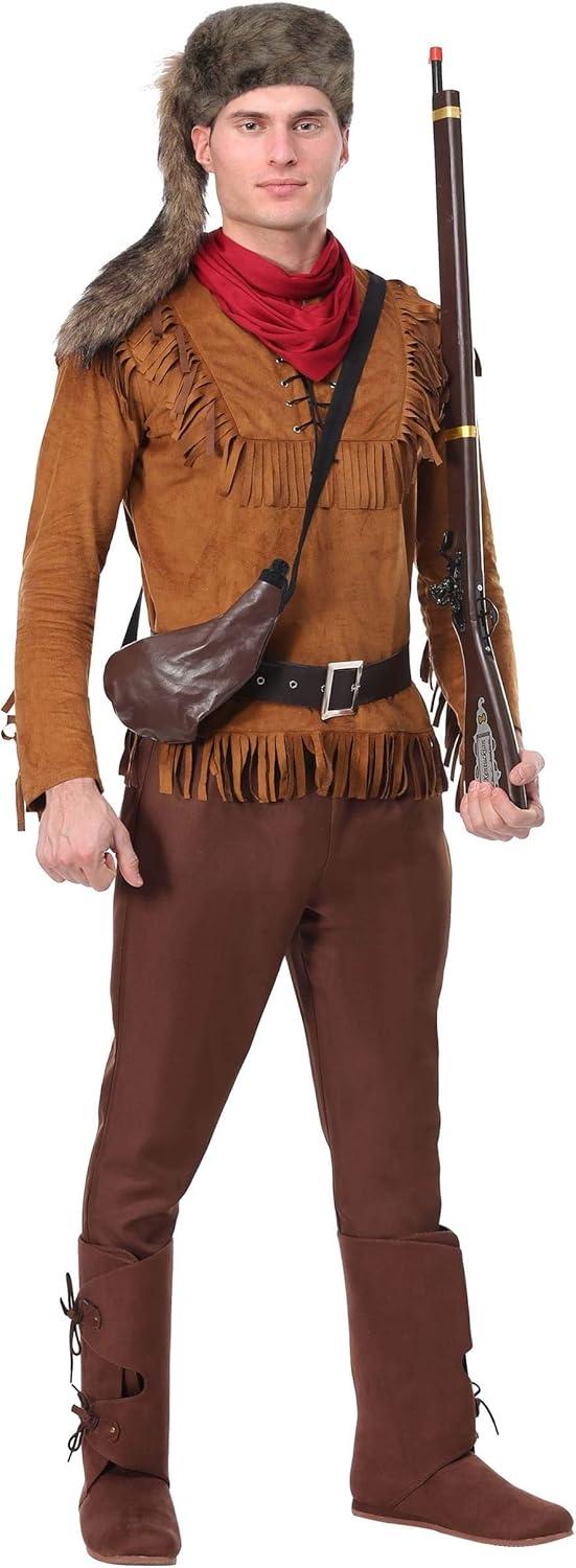 image:imageMens Frontier Costume Davy Crockett Polyester Outfit With Raccoon Hat Belt And Pouch Halloween amp Cosplay Attire