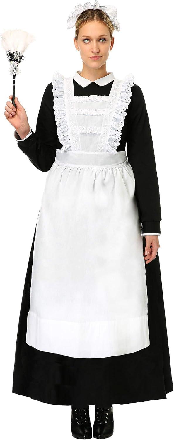 image:imageTraditional Maid Costume For Adults Includes Black Dress With White Collar And Back Zipper Apron And Bonnet