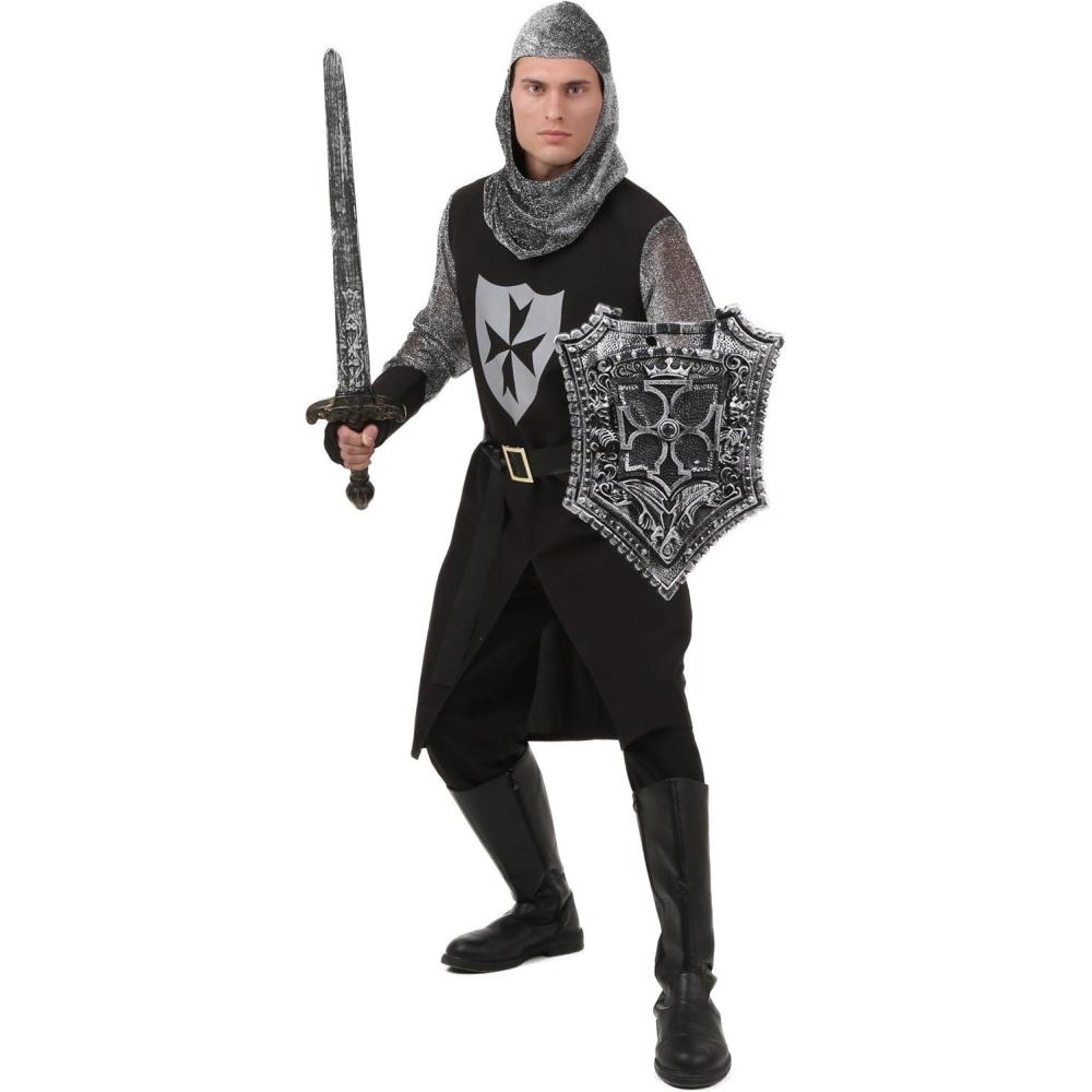 image:imageMedieval Black Knight Costume for Men Metallic Mesh Hood amp Sleeves Printed Shield Tunic amp Pair of Gloves