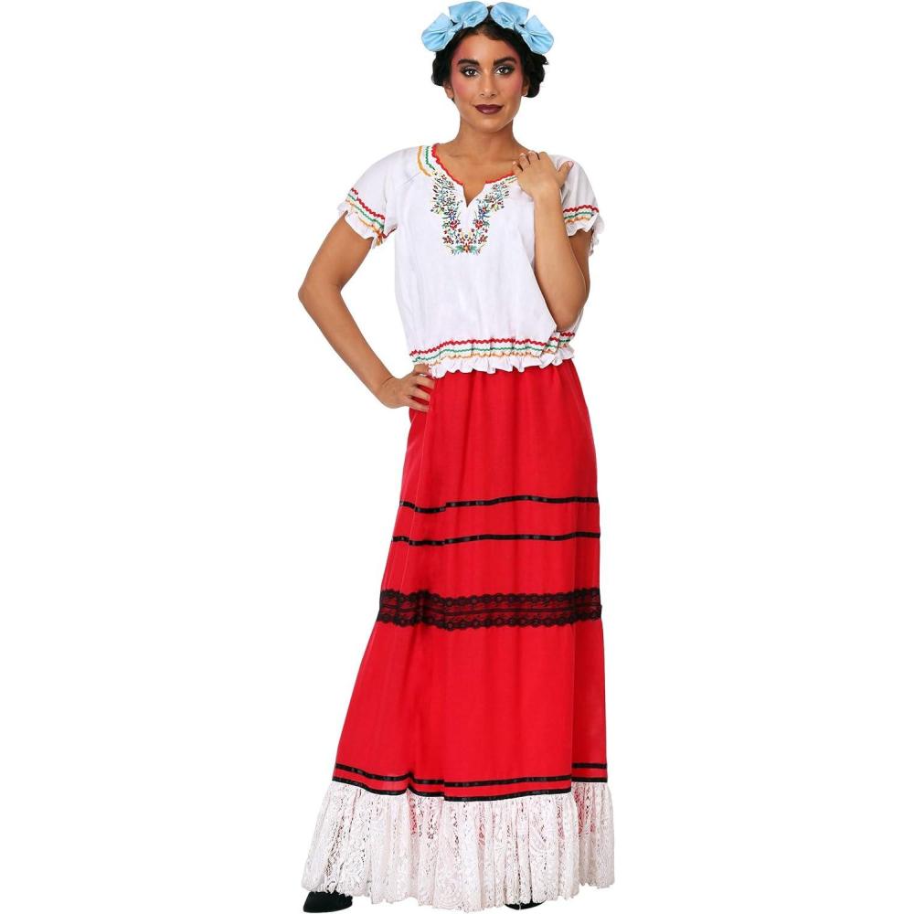 image:imageRed Frida Kahlo Costume for Women Embroidered Top with Skirt and Hair Bows