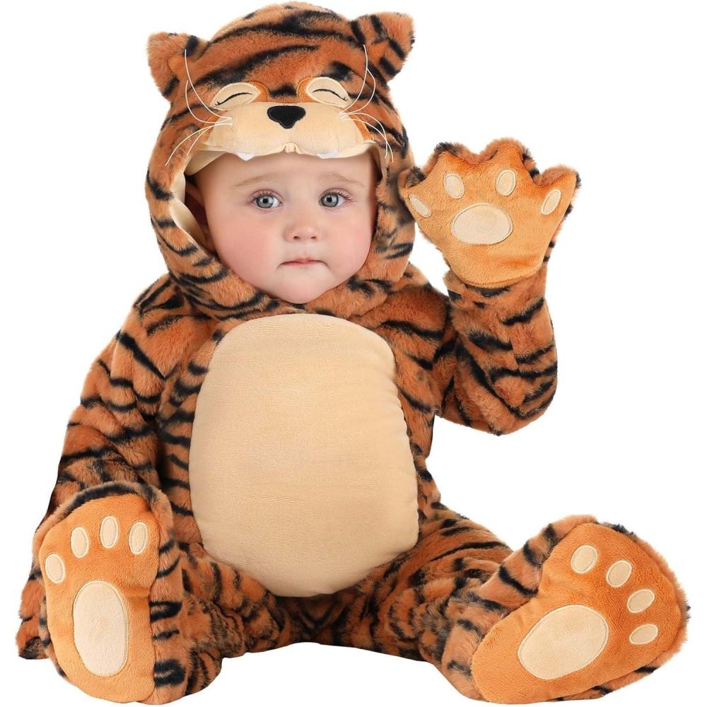 image:imageSoft Striped Tiger Jumpsuit with Hood Ears Tail and Booties