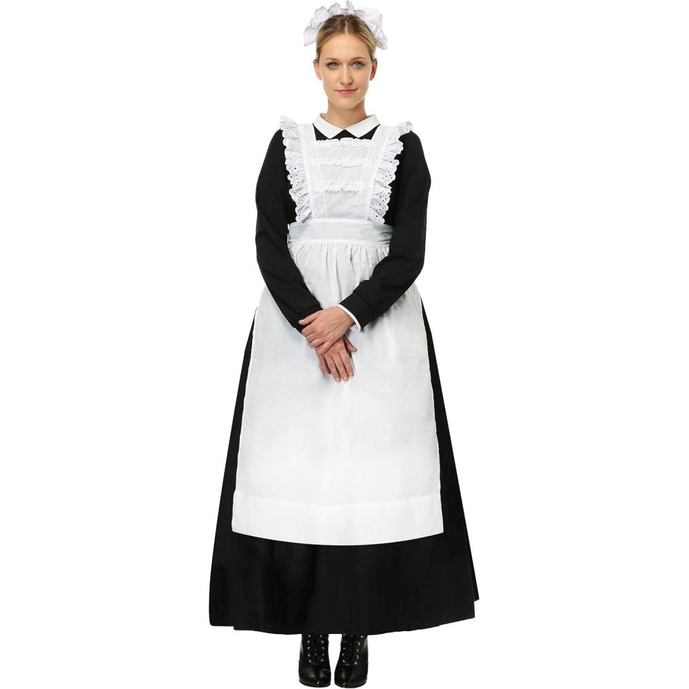 image:imageTraditional Maid Costume For Adults  Includes Black Dress With White Collar And Back Zipper Apron And Bonnet