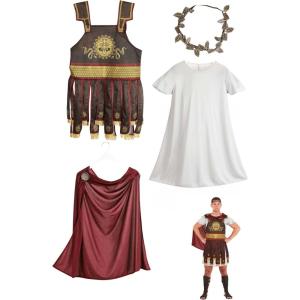 Adult Trojan Warrior Costume Outfit | Gray Tunic Armor With Cape and Fabric Leaf Headpiece | Roman Empire Gladiator