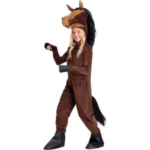 Kid’s Horse Halloween Costumes, Children’s Farm Animal Outfit, Zipper Jumpsuit, Stuffed Horse Head Hood