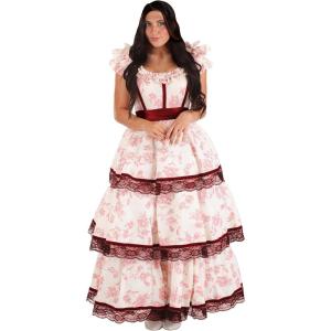 Southern Belle Costume for Women with Floral Print Muslin Dress and Taffeta Sash