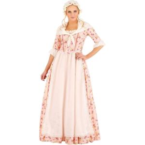 Womens Colonial Girl Flower Print Dress, Revolutionary War Costume With Dress, Shawl & Bonnet