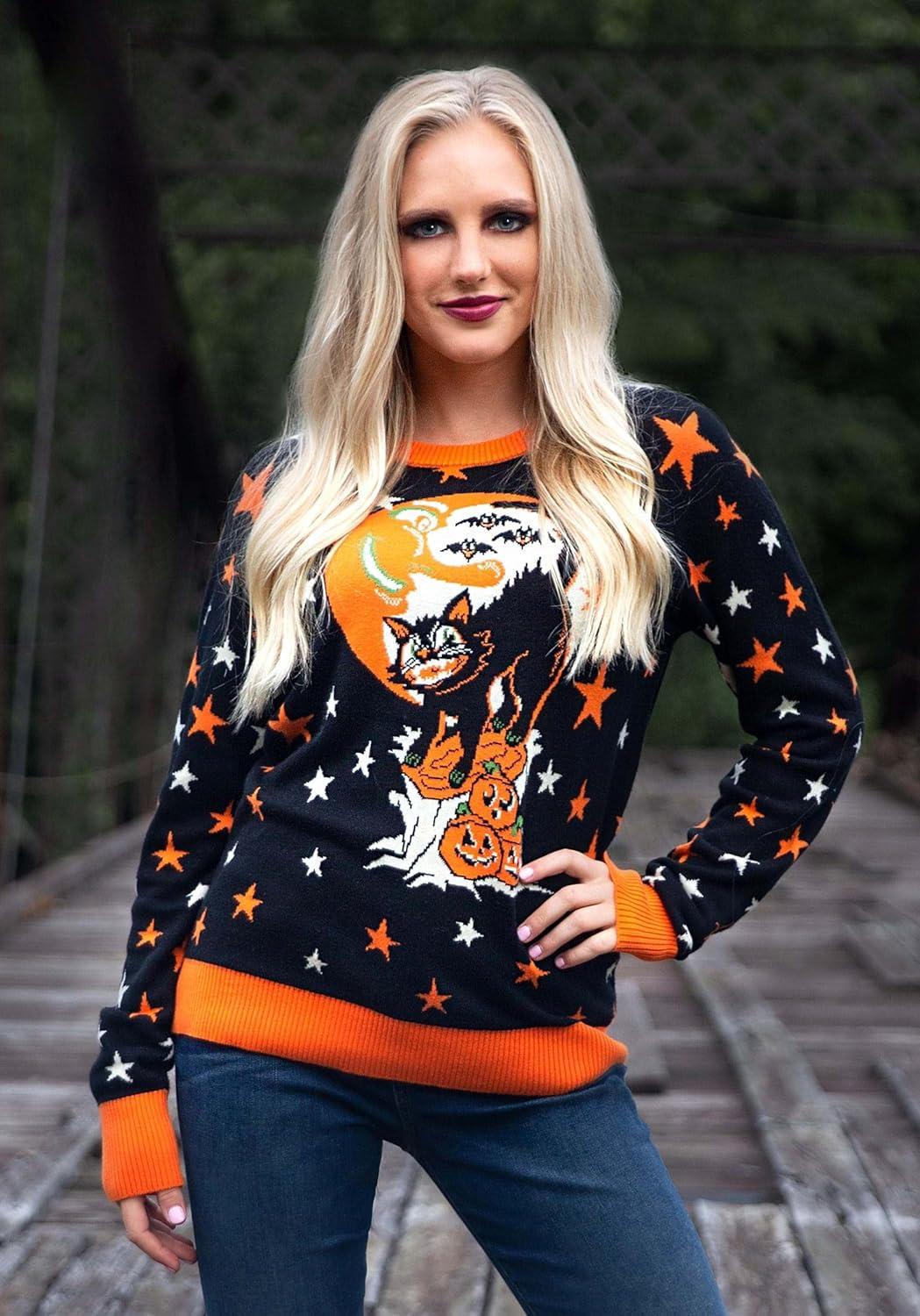 image:imageAdult Vintage Halloween Cat Halloween Sweater Soft Acrylic amp Cotton Blend Knitted GraphicsVintage Halloween Cat Black