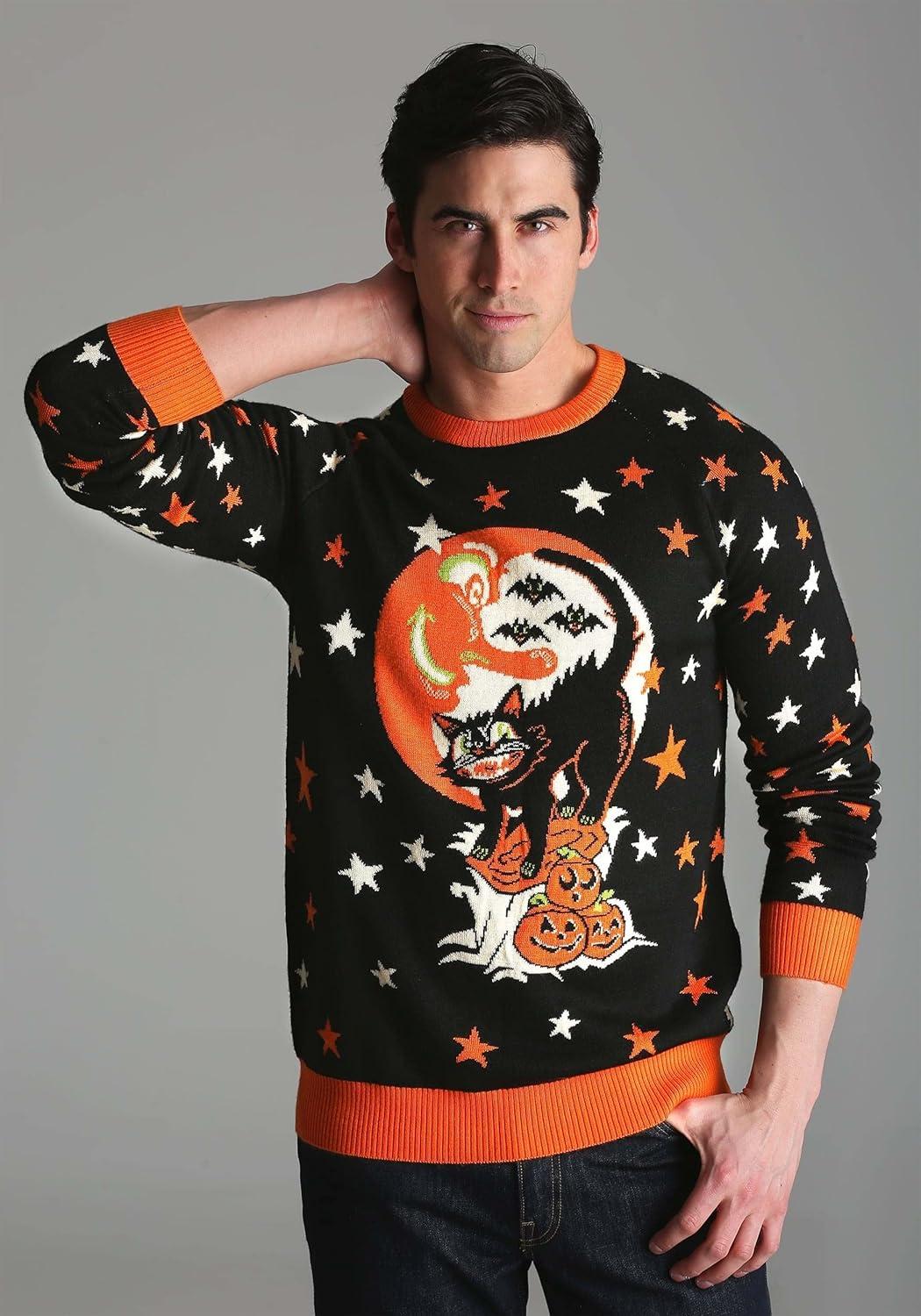 image:imageAdult Vintage Halloween Cat Halloween Sweater Soft Acrylic amp Cotton Blend Knitted GraphicsVintage Halloween Cat Black