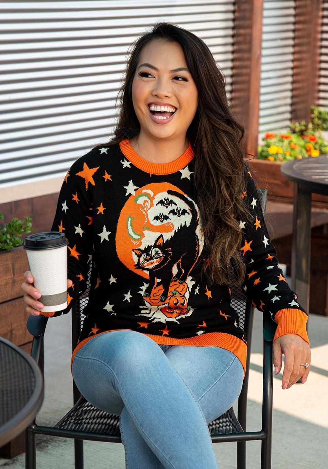image:imageAdult Vintage Halloween Cat Halloween Sweater Soft Acrylic amp Cotton Blend Knitted GraphicsVintage Halloween Cat Black