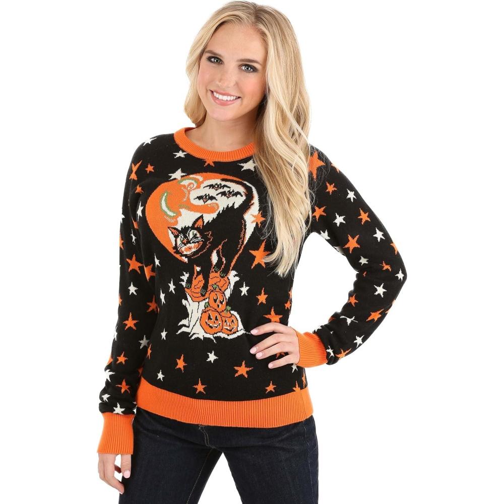 image:imageAdult Vintage Halloween Cat Halloween Sweater Soft Acrylic amp Cotton Blend Knitted GraphicsVintage Halloween Cat Black