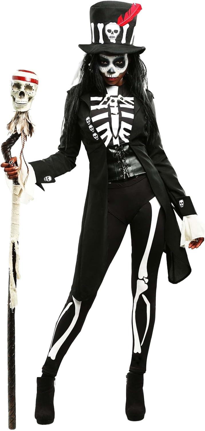 image:imageWomens Voodoo Skeleton Halloween Costume Adult Ancient Witch Doctor Complete Outfit for Themed Parties and CosplayBundle W Staff