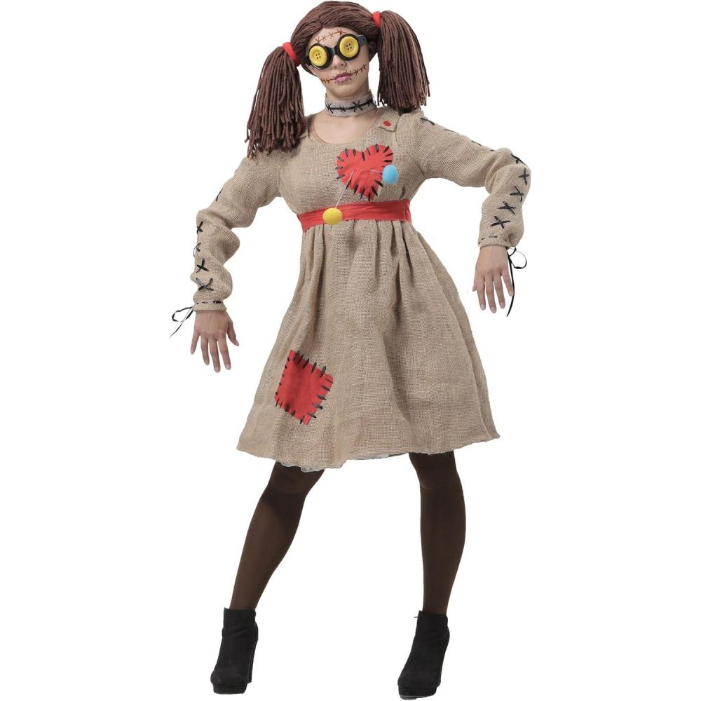 image:imageAdult Burlap Doll Costume Womens Patch and Stitched Details Voodoo Dress with Warn Wig Button Glasses amp ChokerBurlap Doll Costume