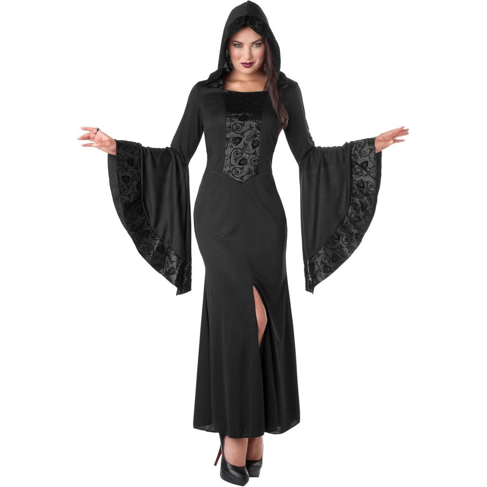 image:imageAdult Sorceress Costume Womens Hooded Black Flowing Witch Robe Covens Magic Halloween Outfit with Bodice Inset