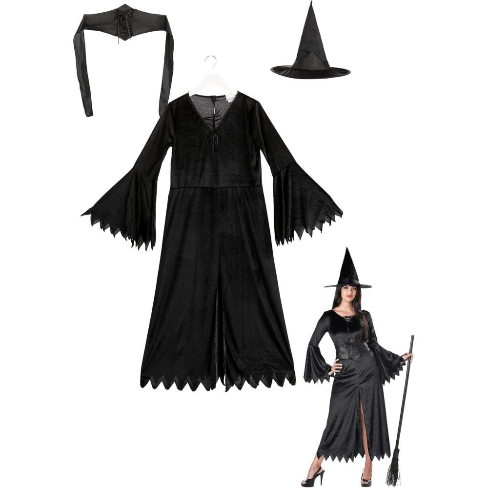 image:imageAdult Wicked Witch Costume Classic Velvet Dress Jagged Bell Sleeves and Lace Details