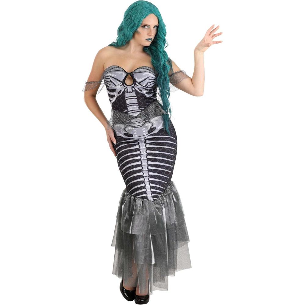 image:imageWomens Spooky Siren Costume Skeleton Mermaid Dress Halloween Costume with Printed and Ruffled Mesh Details