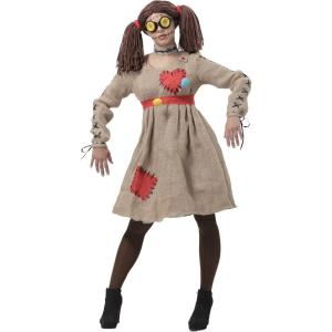 Adult Burlap Doll Costume | Women’s Patch and Stitched Details Voodoo Dress with Warn Wig, Button Glasses, & Choker(Burlap Doll Costume)