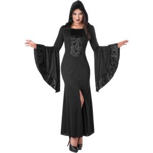 Adult Sorceress Costume | Women’s Hooded Black Flowing Witch Robe, Coven’s Magic Halloween Outfit with Bodice Inset