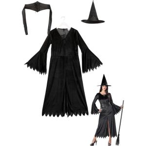 Adult Wicked Witch Costume, Classic Velvet Dress, Jagged Bell Sleeves and Lace Details