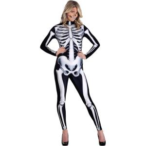 Women’s Skeleton Bodysuit Costume – All-Over Print Skeleton Jumpsuit for Halloween Dress-Up Parties