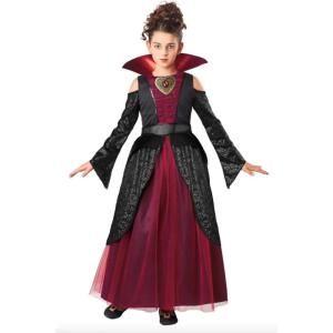 Girl’s Crimson Vampire Queen Costume, Child Vampiress Outfit for Halloween, Vampire Dress with Collar