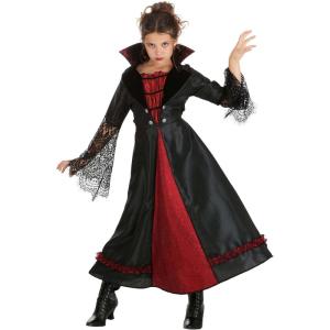 Vampiress Costume For Girls | Kids’ Black Vampire Dress With High Collar, Red Accents, And Lace Sleeve Details