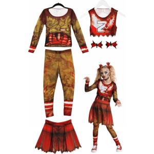 Zombie Cheerleader Costume for Girls, Red Crop Top and Tattered Skirt with Bloody Sleeves and Leggings