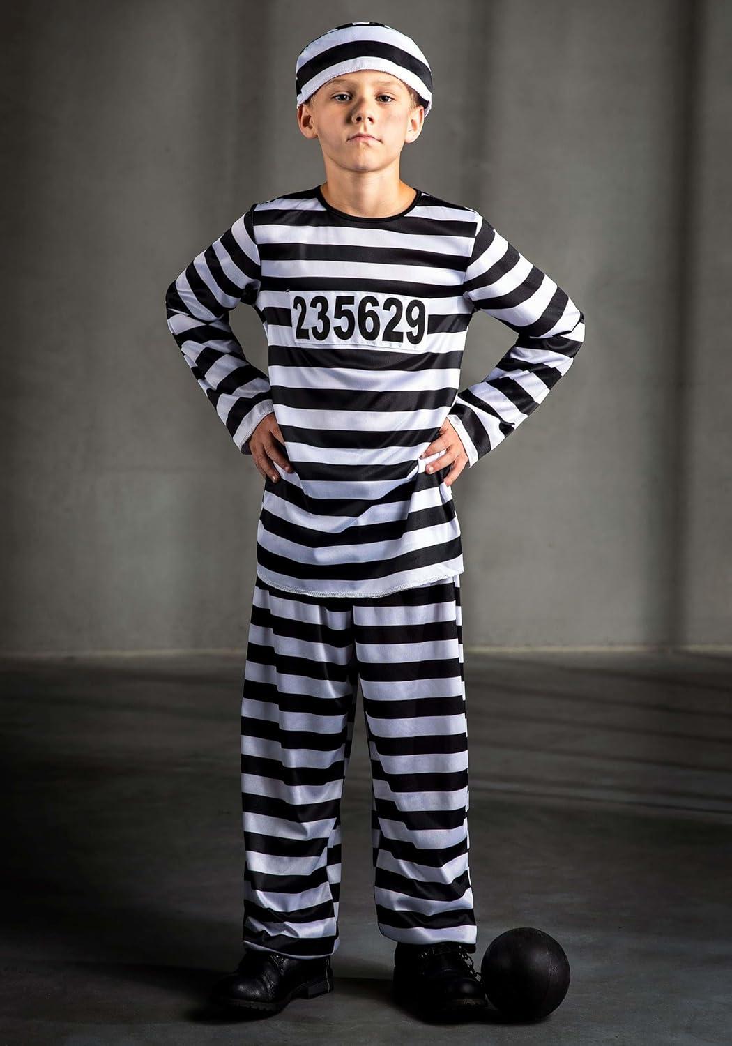 image:imageBoys Prisoner Costume Striped Shirt Pants and Hat with Prison Number