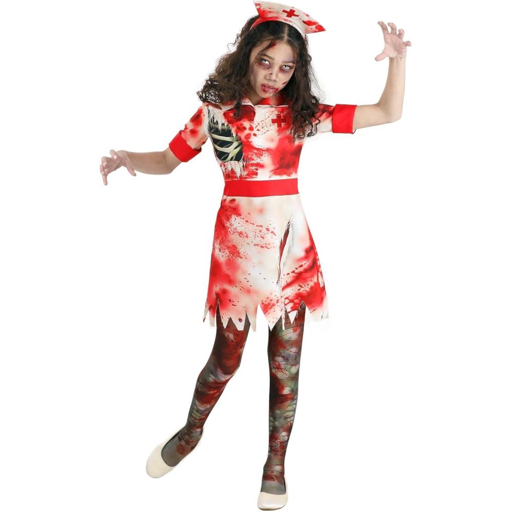 image:imageGirls Scary Zombie Nurse Costume Dress Collar Cuffs Mesh Tights