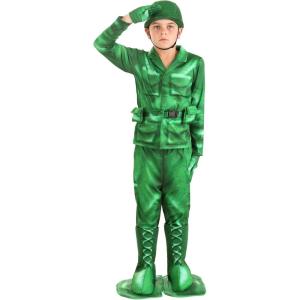 Plastic Green Army Man Costume for Kid’s – Shirt, Pants, Belt, Hat, Gloves, Boot Covers