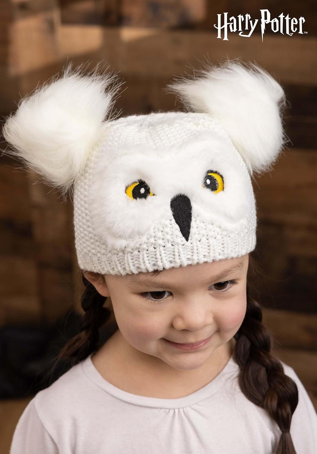 image:imageToddler Hedwig Knit Hat Embroidered Beak and Eyes Faux Fur Feathers Officially LicensedWhite