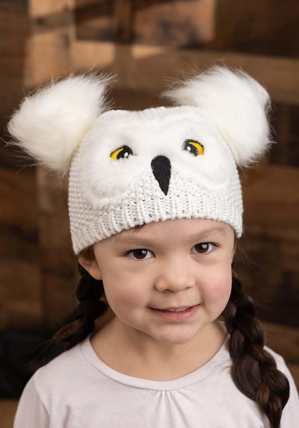 image:imageToddler Hedwig Knit Hat Embroidered Beak and Eyes Faux Fur Feathers Officially LicensedWhite