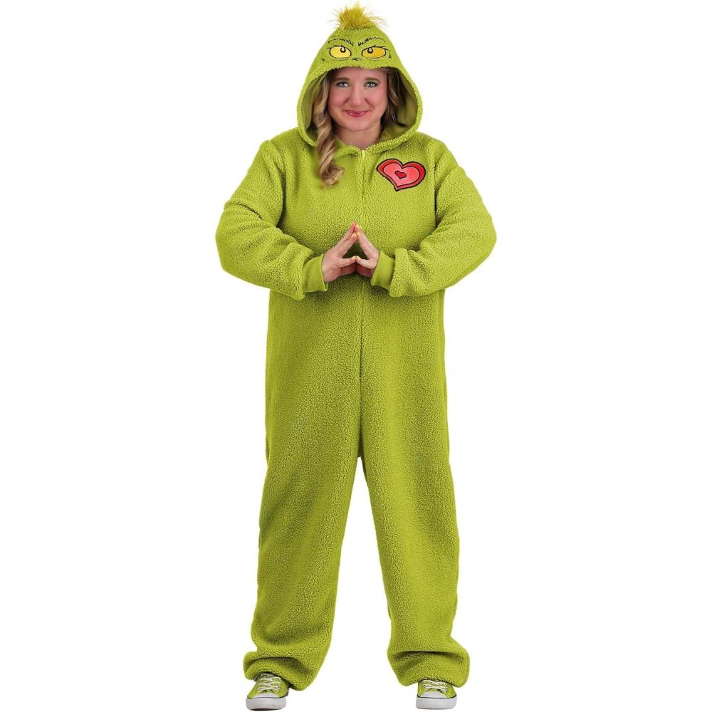 image:imageAdult Plus Size Grinch Costume Jumpsuit  Attached Hood wEmbroidered Face  Christmas Holiday Outfit for Men and Women