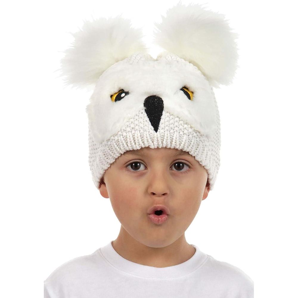 image:imageToddler Hedwig Knit Hat Embroidered Beak and Eyes Faux Fur Feathers Officially LicensedWhite