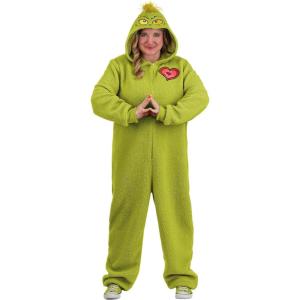 Adult Plus Size Grinch Costume Jumpsuit | Attached Hood w/Embroidered Face | Christmas Holiday Outfit for Men and Women
