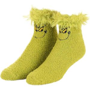 Dr. Seuss Grinch Fuzzy Socks – Cozy Polyester Socks with Embroidered Details, Size 7-12, Officially Licensed