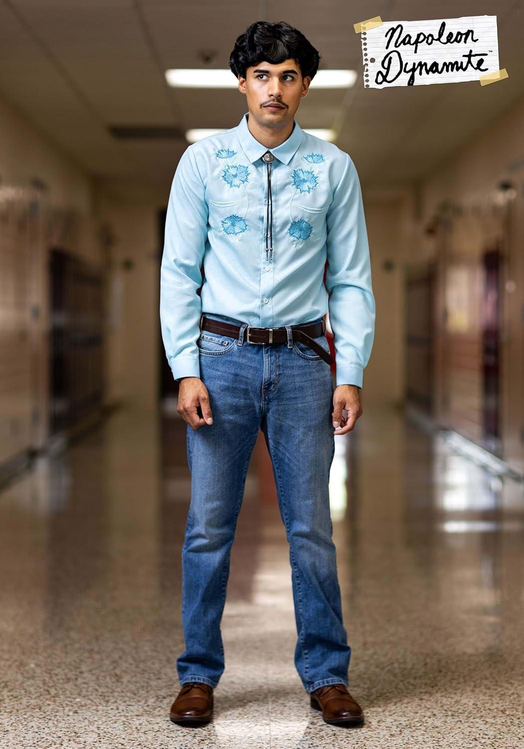 image:imageMens Napoleon Dynamite Pedro Sanchez Halloween Costume Adult Movie Character Outfit with Blue Shirt Bolo Tie and Wig