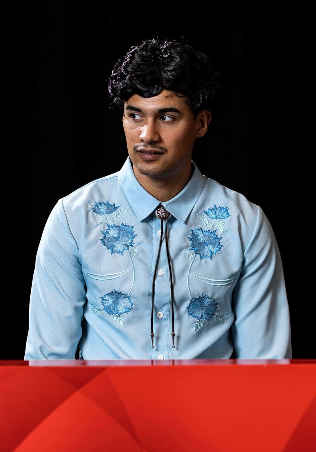 image:imageMens Napoleon Dynamite Pedro Sanchez Halloween Costume Adult Movie Character Outfit with Blue Shirt Bolo Tie and Wig