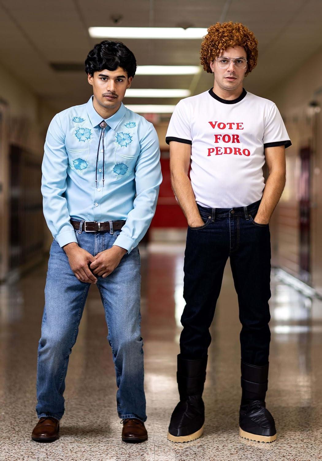 image:imageMens Napoleon Dynamite Pedro Sanchez Halloween Costume Adult Movie Character Outfit with Blue Shirt Bolo Tie and Wig
