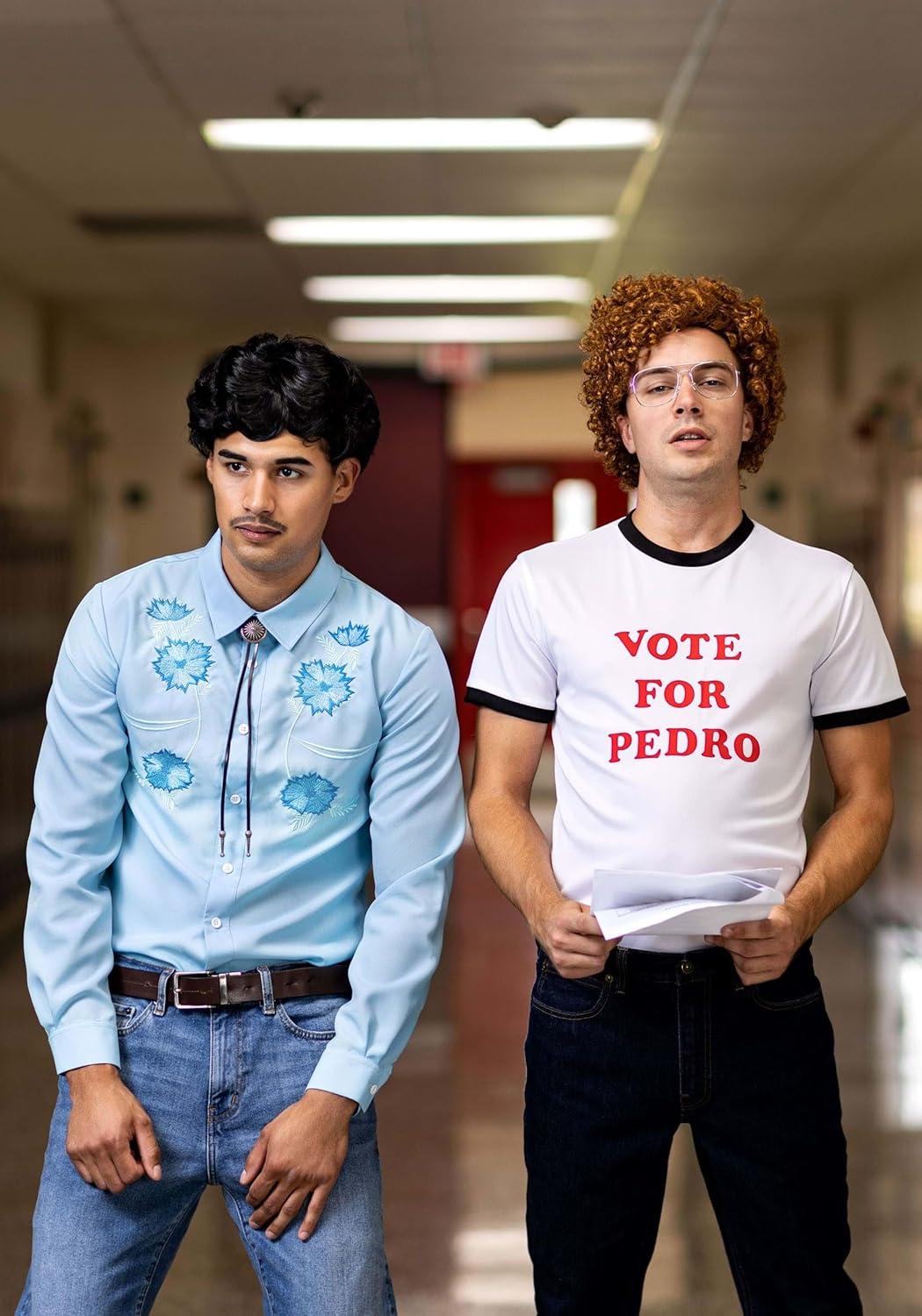 image:imageMens Napoleon Dynamite Pedro Sanchez Halloween Costume Adult Movie Character Outfit with Blue Shirt Bolo Tie and Wig