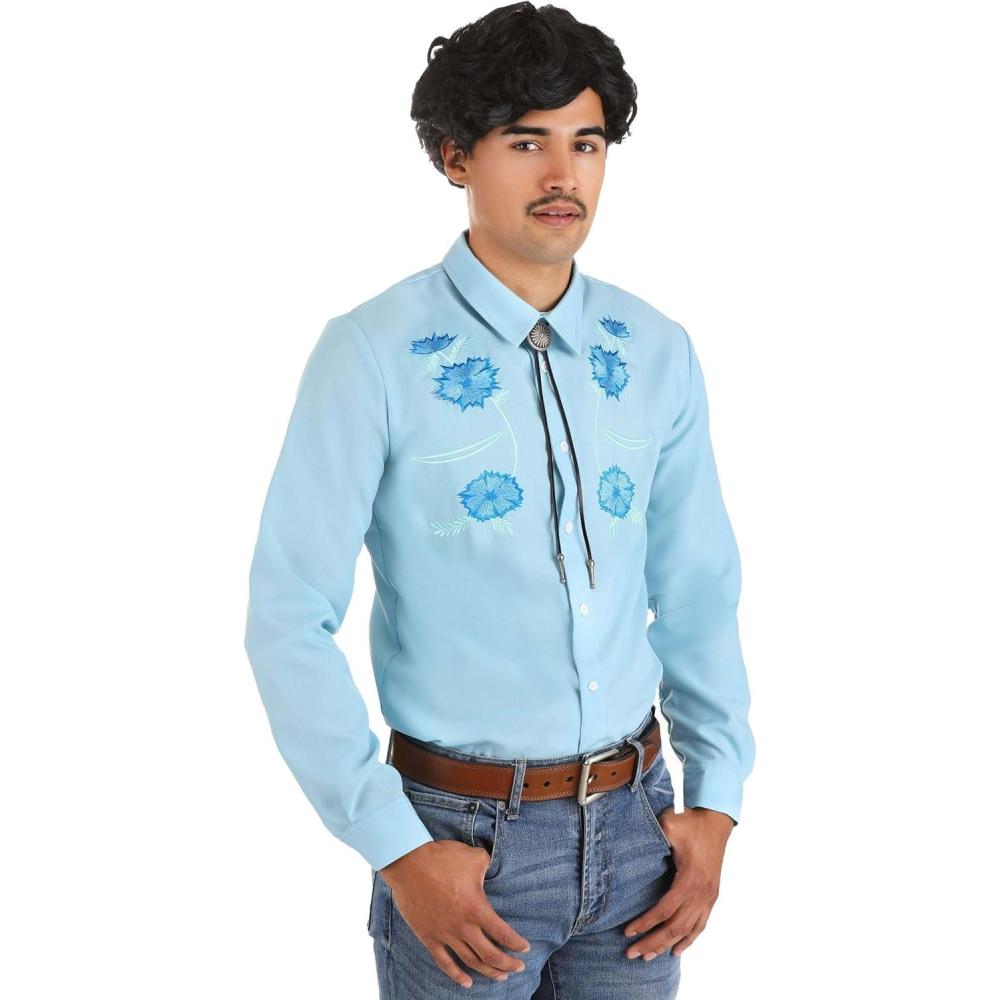 image:imageMens Napoleon Dynamite Pedro Sanchez Halloween Costume Adult Movie Character Outfit with Blue Shirt Bolo Tie and Wig