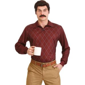 Parks and Recreation Ron Swanson Costume with Shirt, Mustache, and Wig – Brown Wig Facial Hair – Officially Licensed