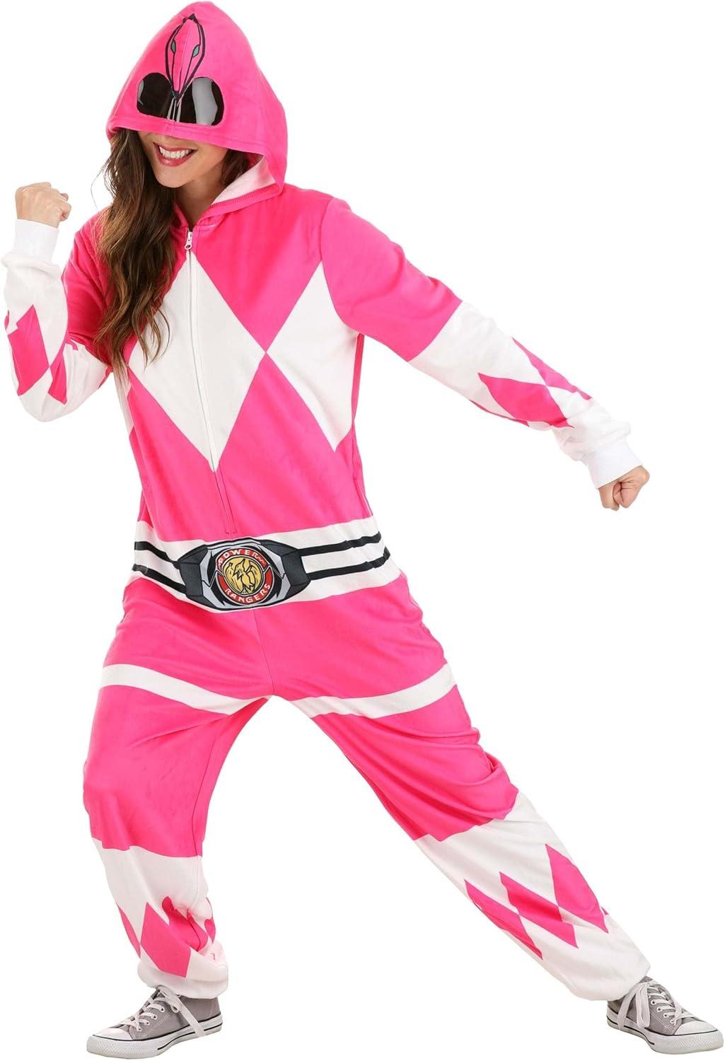 image:imagePower Rangers Pink Ranger Hooded Union Suit for Adults Plush Union Suit with Pockets