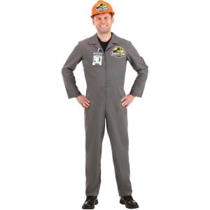 Mens Jurassic Park Dennis Nedry Halloween Costume | Adult Maintenance Worker Jumpsuit with Badge ID Outfit for Themed Events