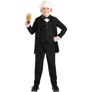 Thomas Edison Costume For Kids, Inventor Suit with Jacket, Pants, Light Bulb Prop, And Vest With Attached Collar And Bowtie