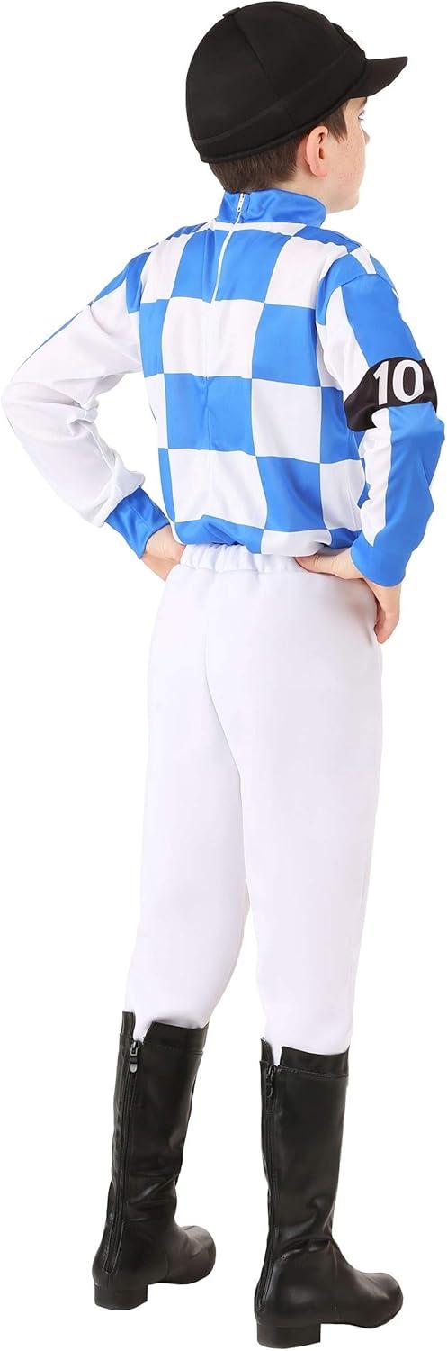 image:imageBoys Horse Racer Costume Blue Jockey Attire for Kids With Checkered Jersey White Pants Racing Helmet And Goggles