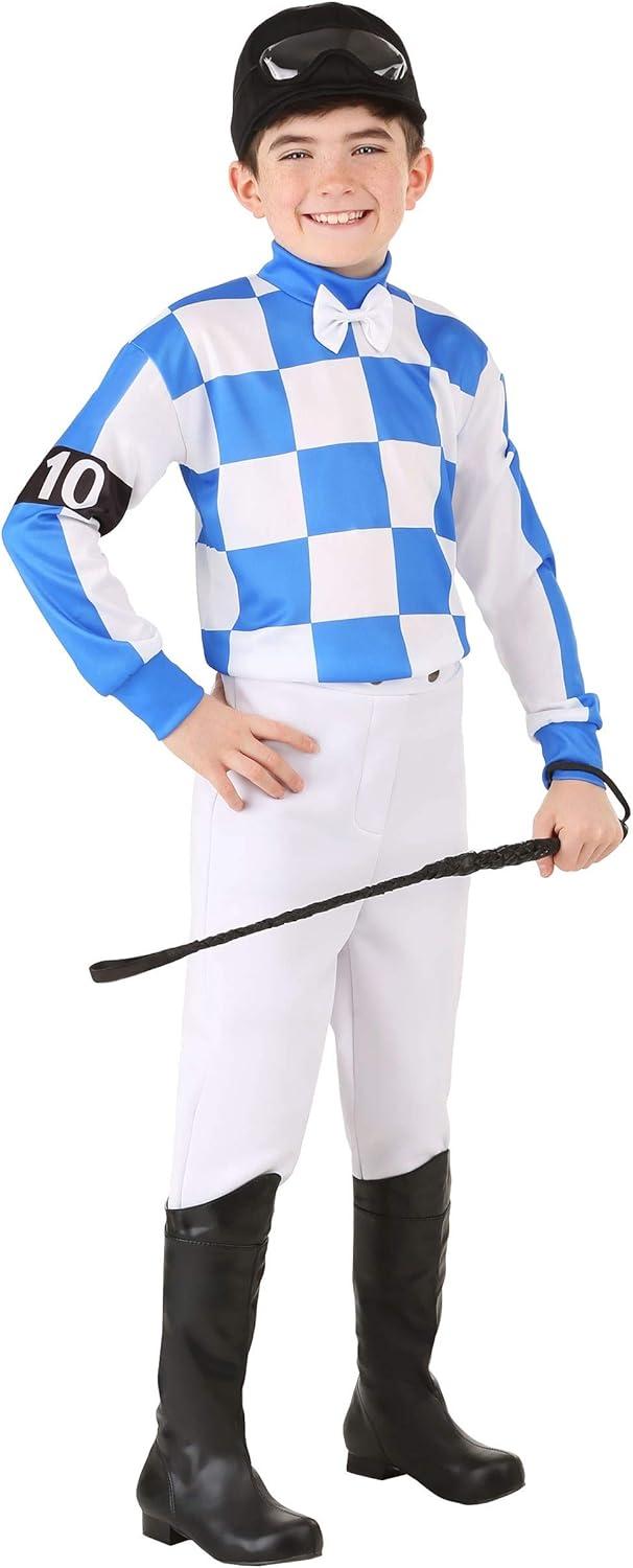 image:imageBoys Horse Racer Costume Blue Jockey Attire for Kids With Checkered Jersey White Pants Racing Helmet And Goggles