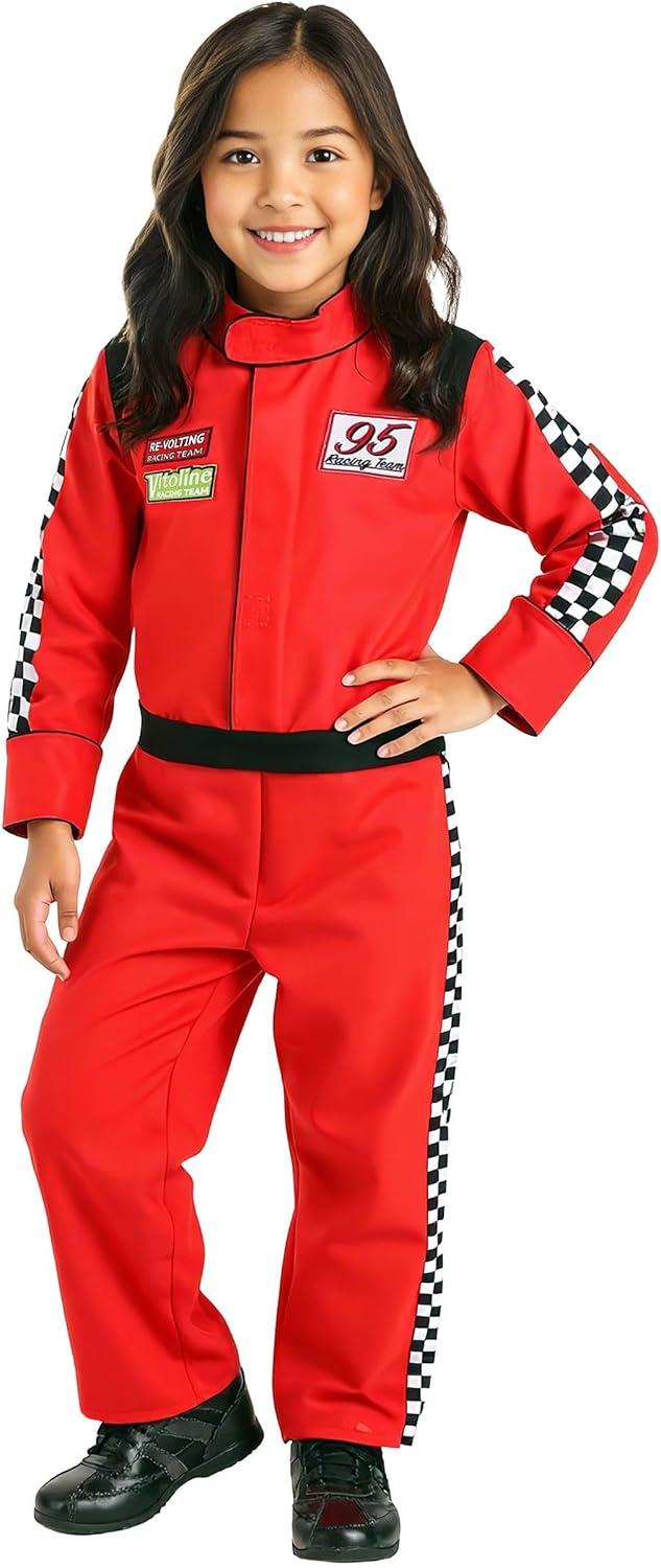 image:imageKids Red Racer Jumpsuit Costume Checkered Side Stripes Embroidered Patches and Easy Closure