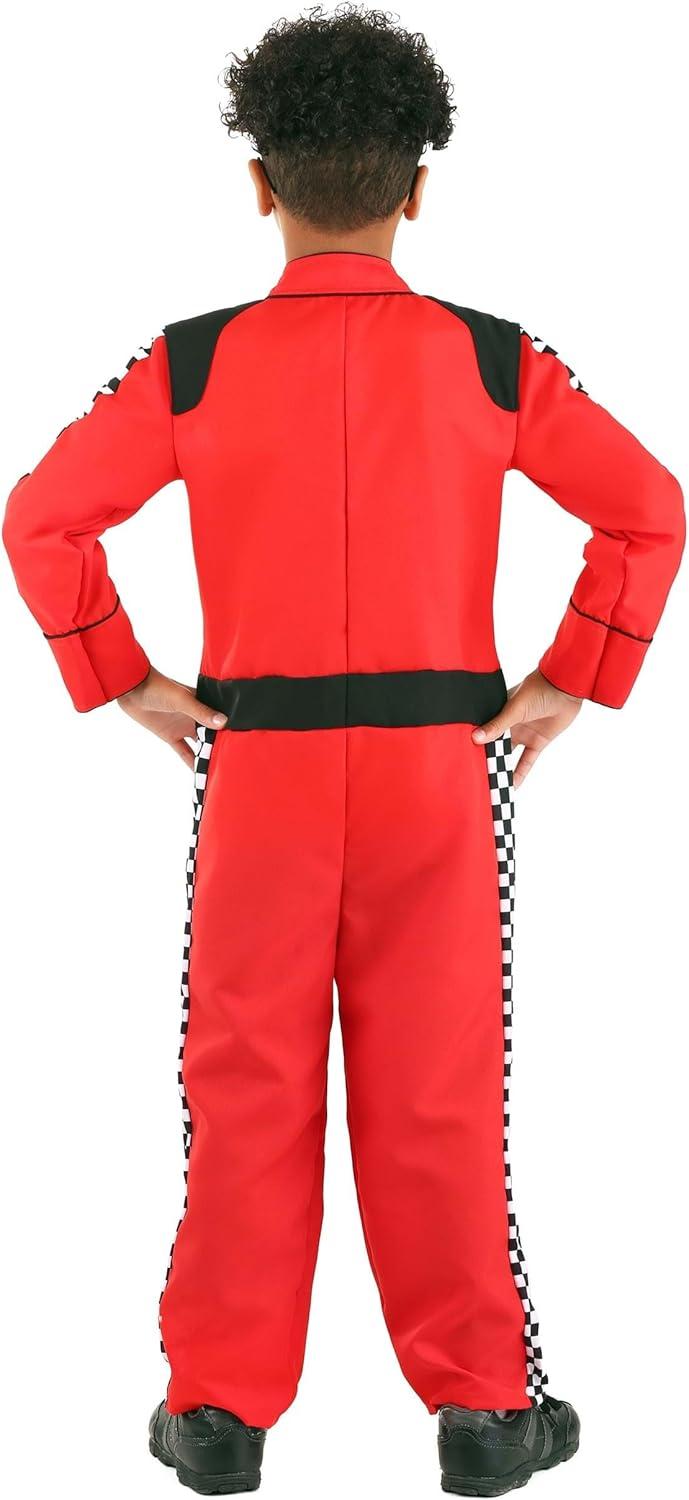 image:imageKids Red Racer Jumpsuit Costume Checkered Side Stripes Embroidered Patches and Easy Closure